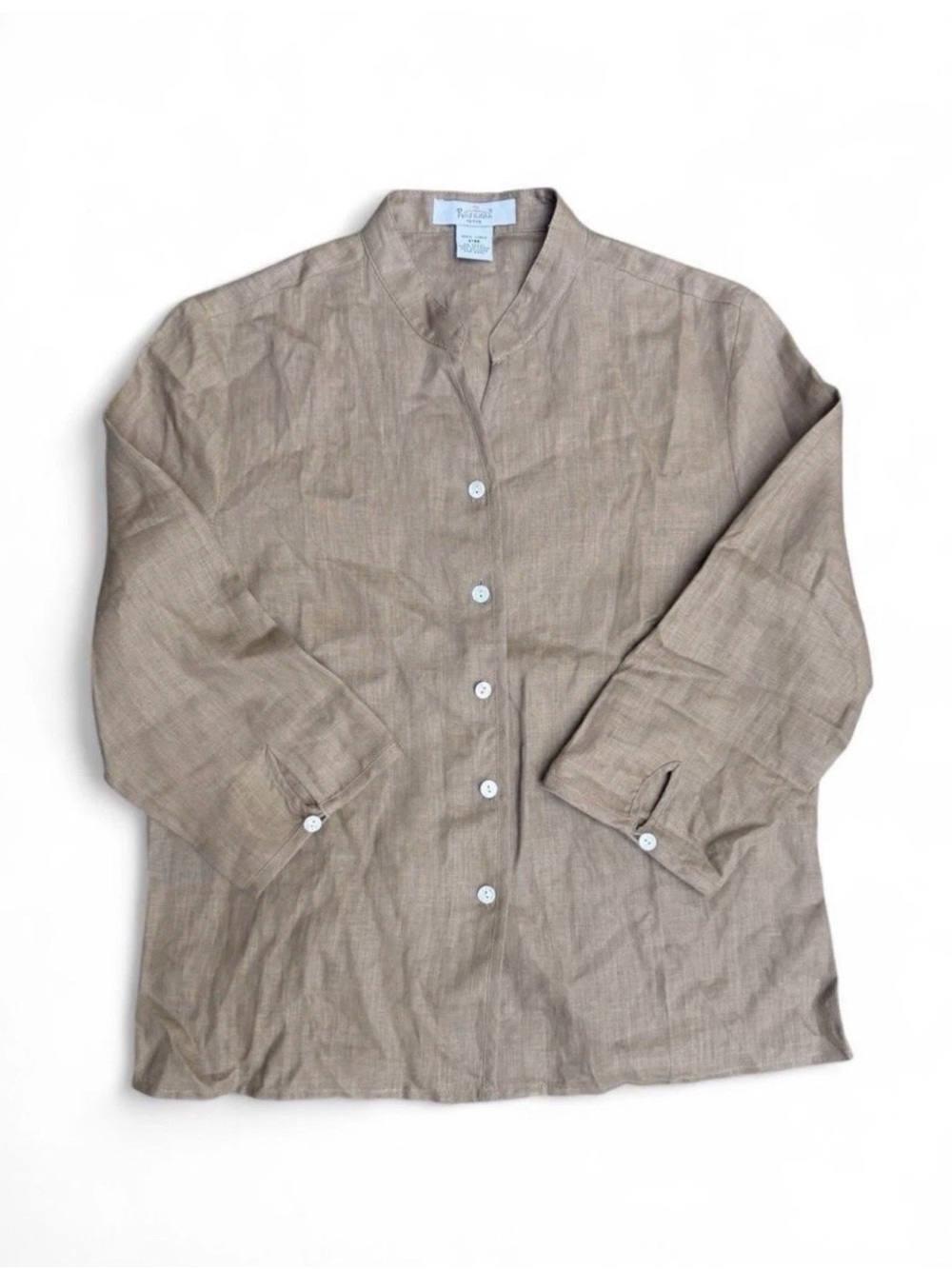 Women's 100% Linen Button-Front Blouse with v neck mandarin collar. Brown MP